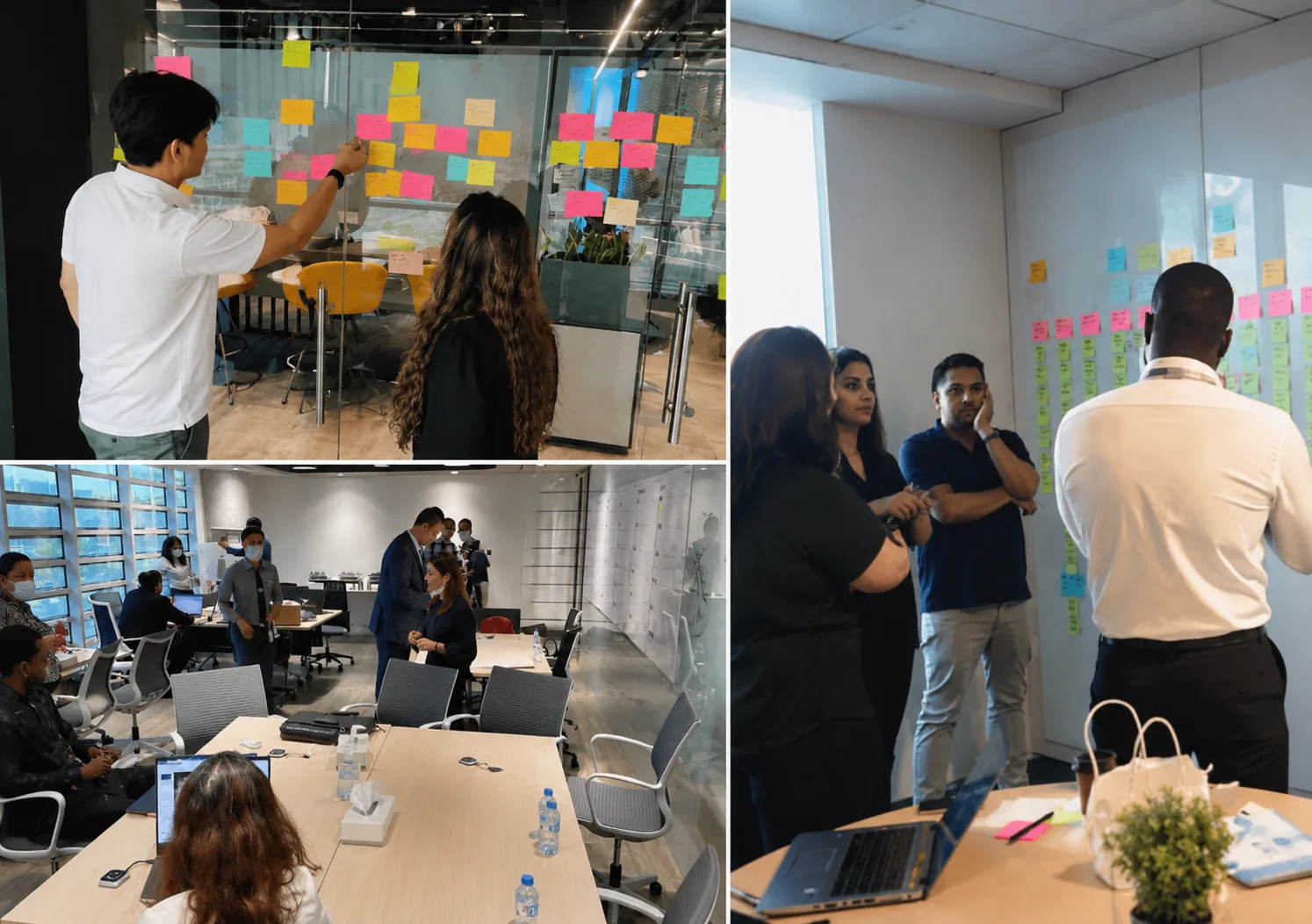 Discovery workshop photographs: teams clustered around sticky-note walls in Abu Dhabi