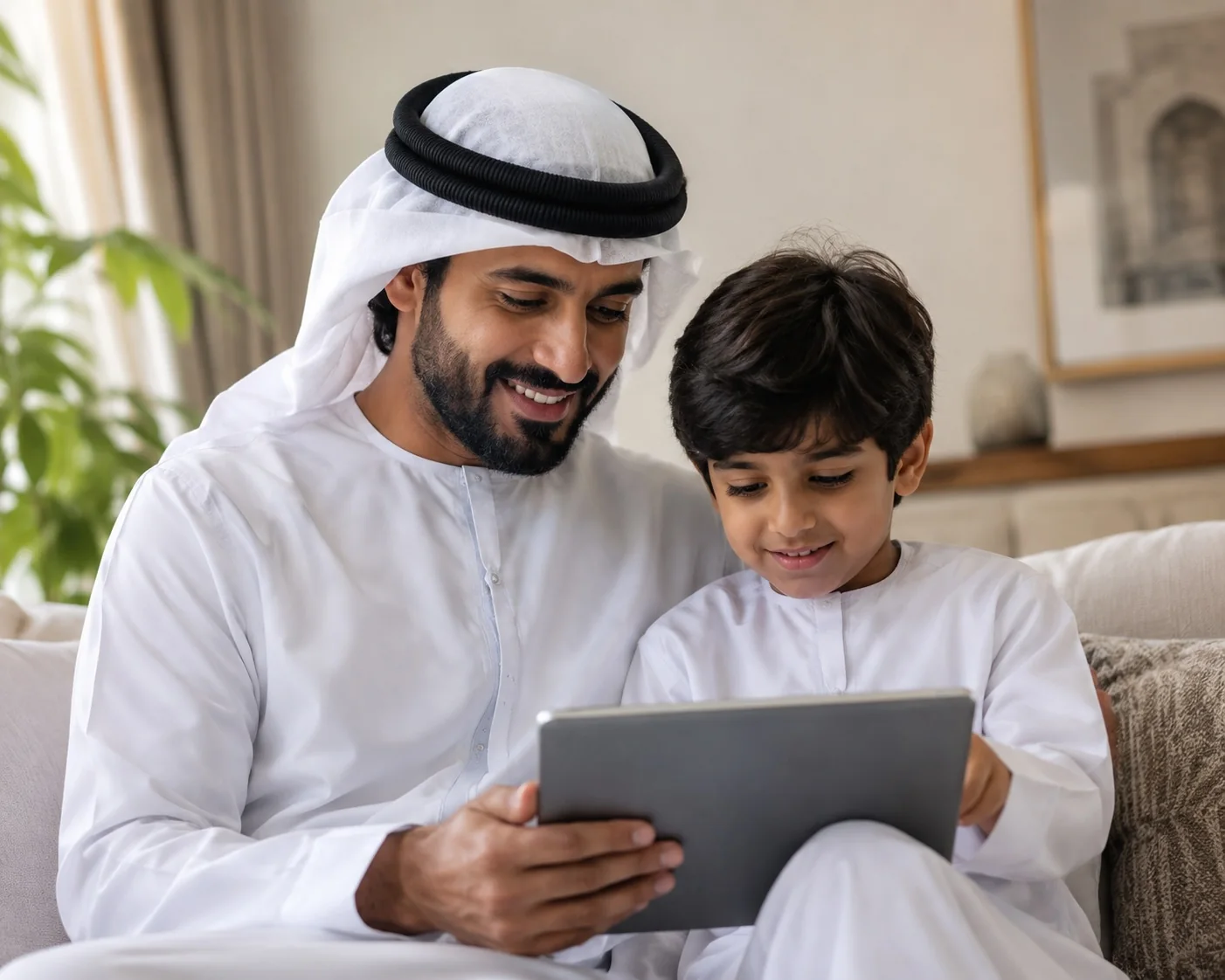 A father and son in Abu Dhabi using the Rayah platform