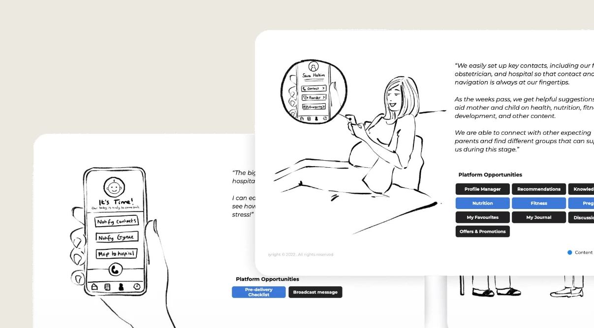 Hand-drawn scenario storyboards showing phone screens against moments in the parenting journey