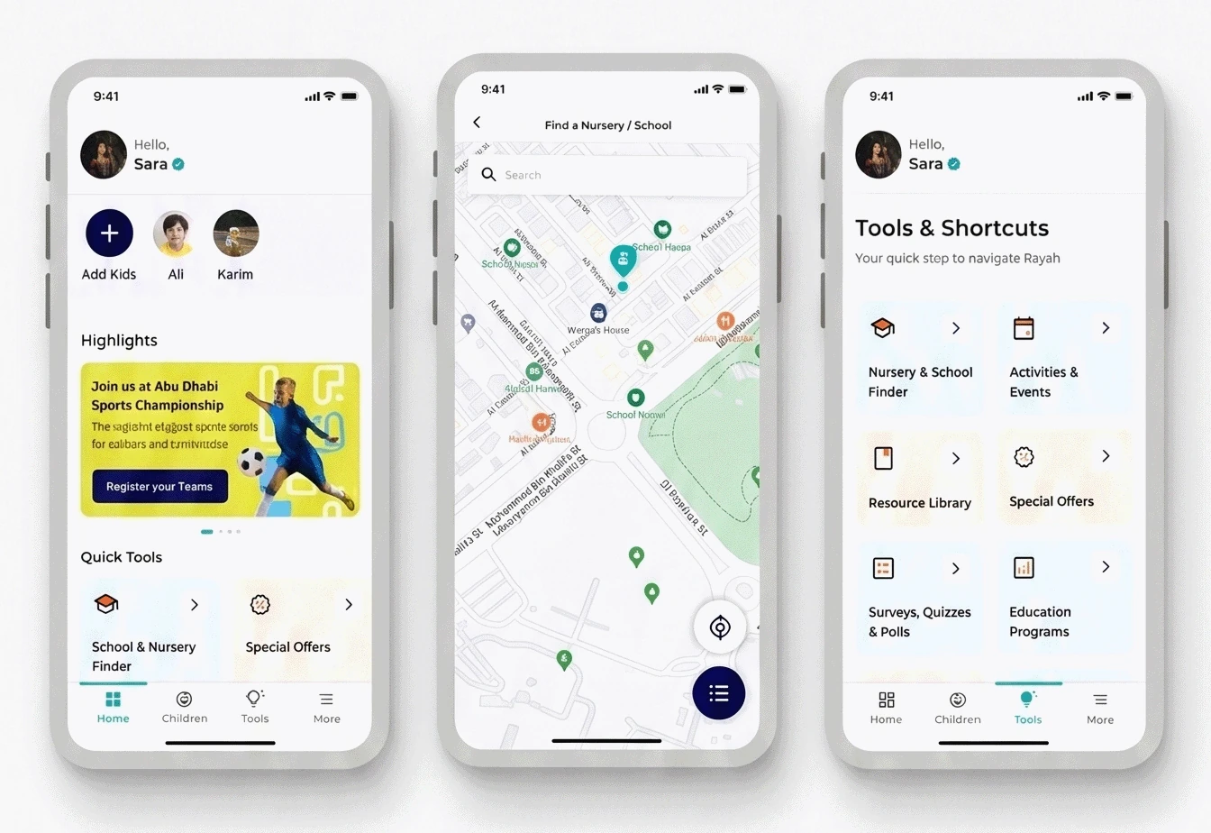 Three Rayah app screens: home, nursery and school finder, and the tools index