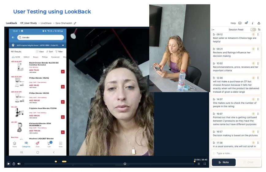 A remote moderated usability session in Lookback, with participant screen, webcam and timestamped observer notes