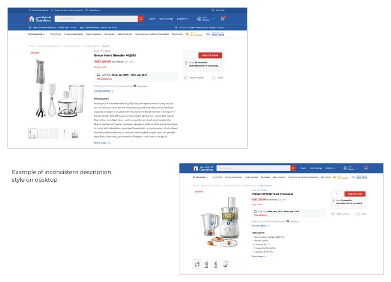 Two Carrefour product pages from the same category showing inconsistent description formats