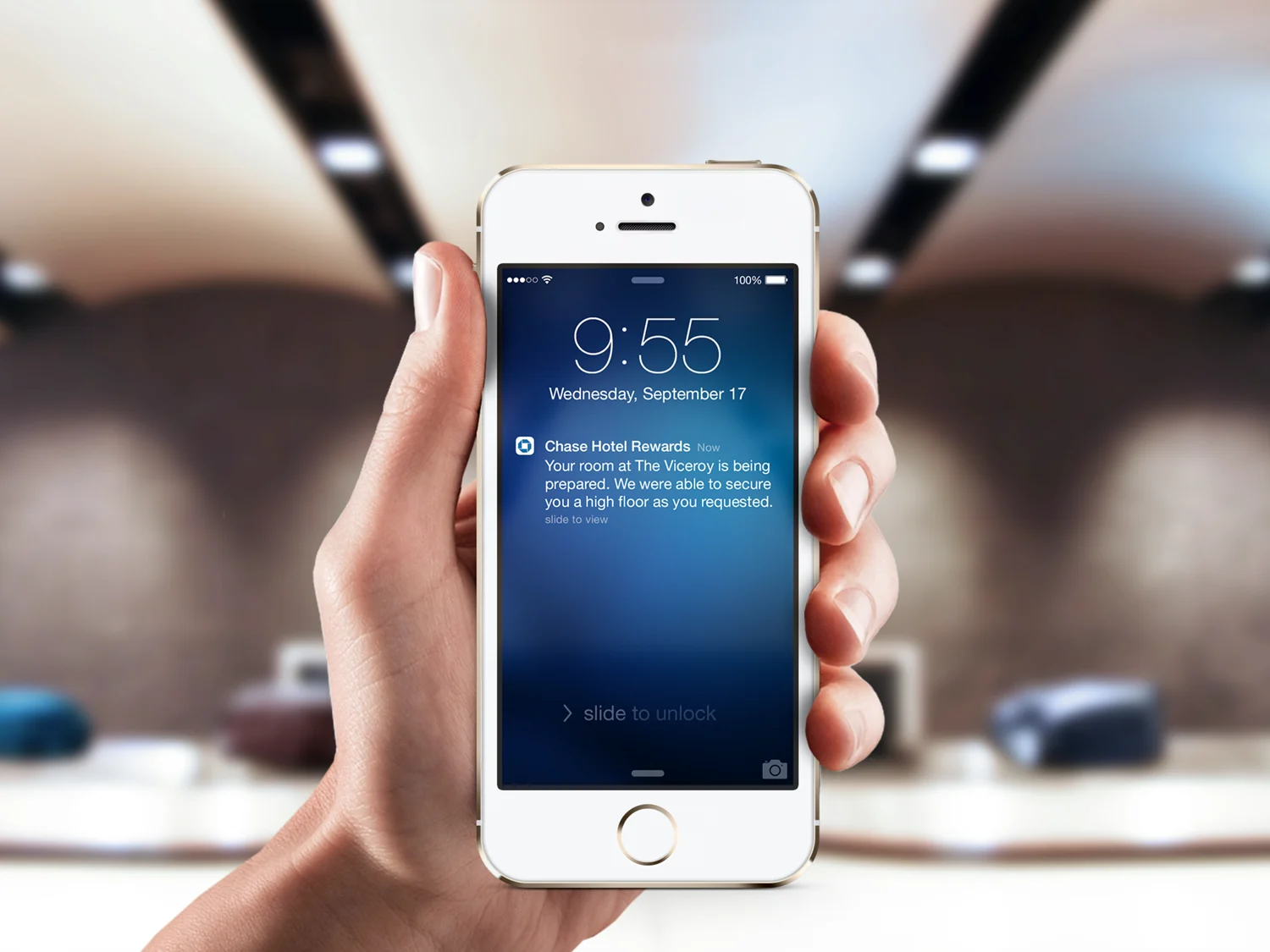 Chase Hotel Rewards notification in a hotel lobby
