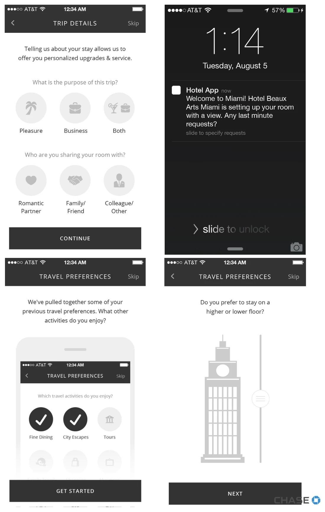 Onboarding wireframes asking trip purpose, who the guest is travelling with, and floor preference