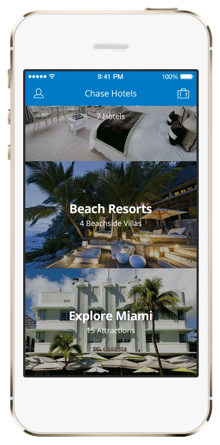 Chase Hotels themed collections including beach resorts and city guides