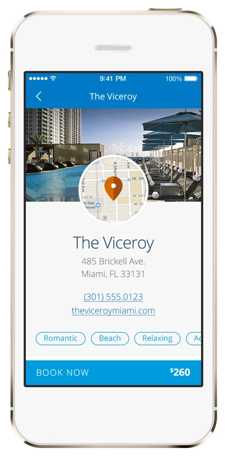 Hotel detail screen for The Viceroy with location, contact details and booking