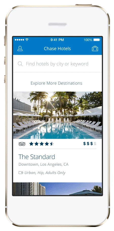 Chase Hotels app home screen with hotel search and a featured property