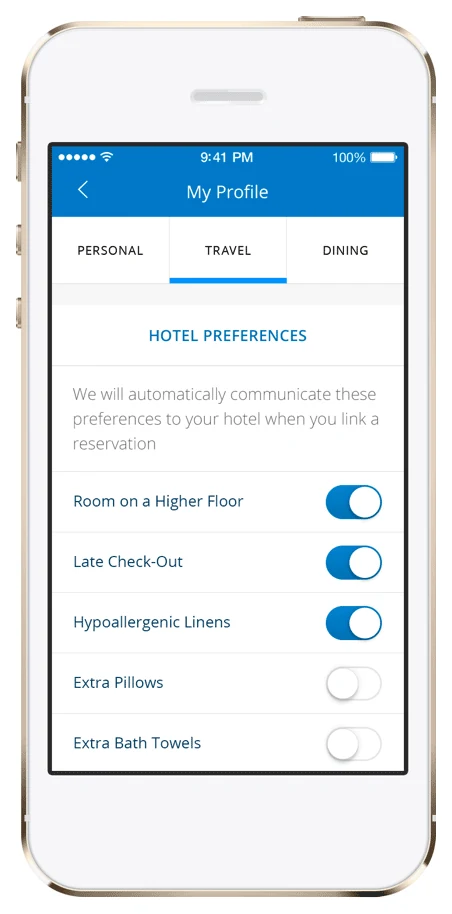 Hotel preferences screen with toggles for higher floor, late check-out and hypoallergenic linens