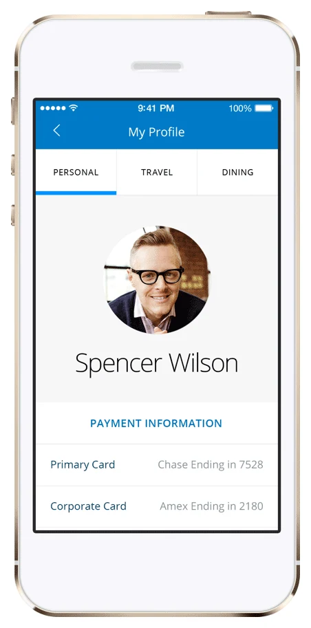 My Profile screen showing personal details and payment cards