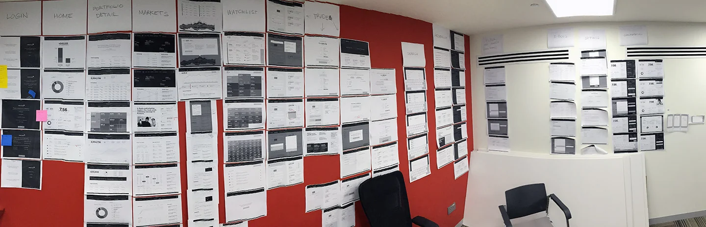 A wall of printed screens covering login, home, portfolio detail, markets, watchlist and trade
