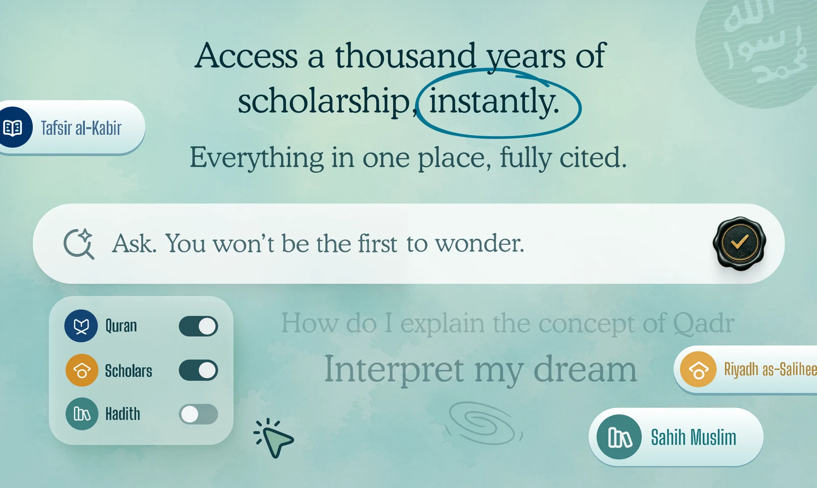 The Ask IslamIQ interface with source toggles for Quran, scholars and hadith, and named cited works