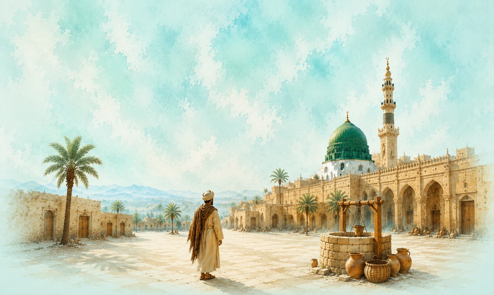 Watercolour illustration of Madinah, a figure standing in the courtyard before the mosque