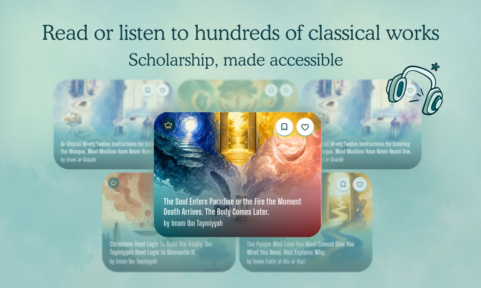 IslamIQ insight cards showing article titles drawn from classical works, with a listen option