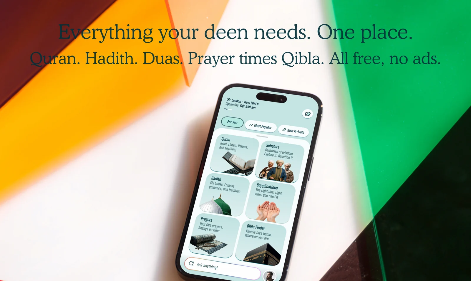 The IslamIQ app on a phone showing Quran, scholars, hadith, supplications, prayers and qibla finder