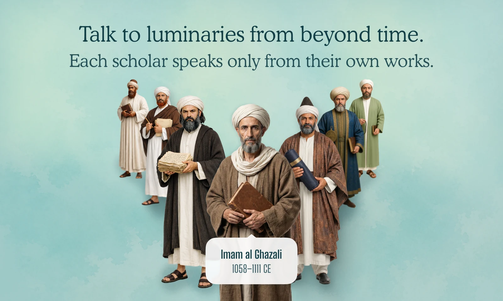 Seven classical Islamic scholars illustrated together, with Imam al-Ghazali named in the foreground